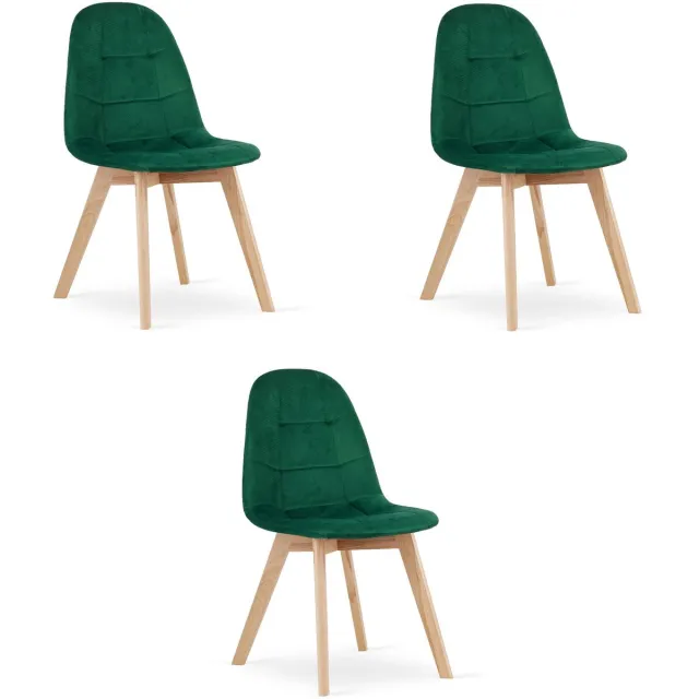 LEOBERT BORA Eetkamerstoelen – Set van 3 – Groen Velvet – Beukenhouten Poten – Comfortabele en Ergonomische Zitting – Scandinavisch Design – Voor Woonkamer, Keuken, Eetkamer en Slaapkamer donkergroen