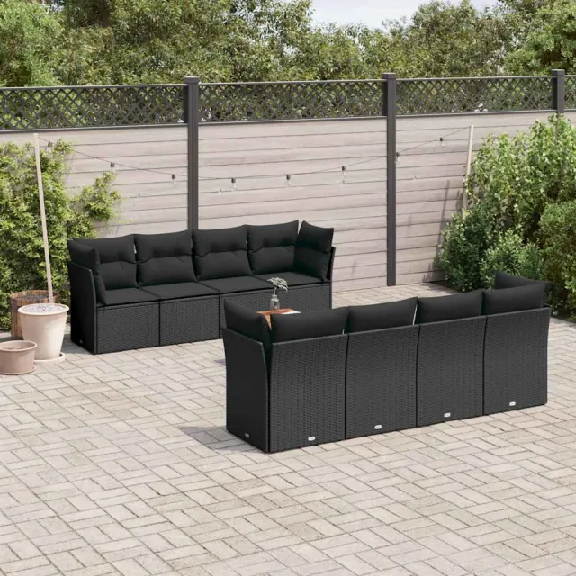 vidaXL 9-delige Loungeset met kussens poly rattan zwart, foto 2