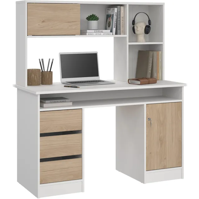 Giga Living Kantoorbureau Function Plus - Wit - Jackson Hickory - Bovenkast - 3 Lades