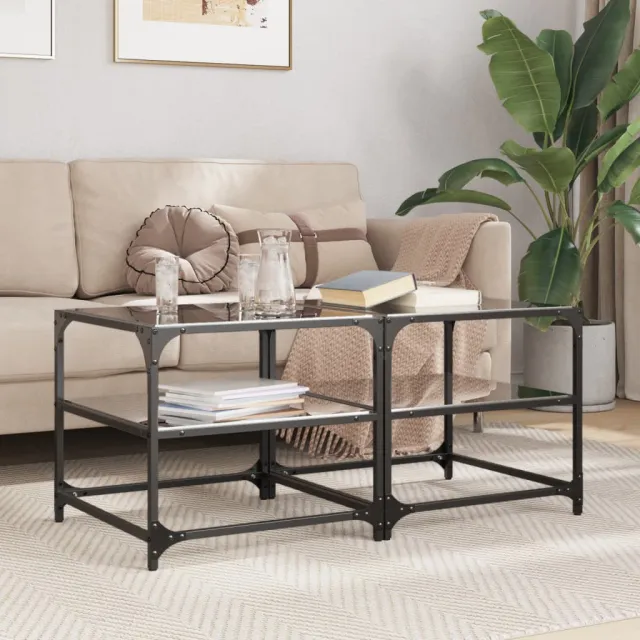 vidaXL Salontafels 2 st met zwart glazen blad 50x50x45 cm staal, foto 2