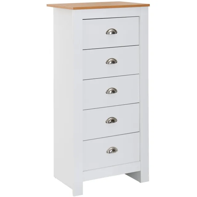Cosmo Casa Ladekast met 5 Lades – Smalle Opbergkast - Eikenlook Bovenblad – Wit - 53 x 39 x 114 cm Zie omschrijving