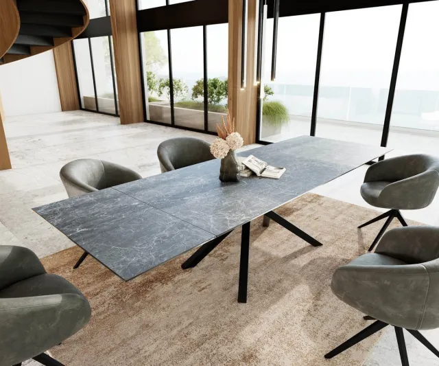 DELIFE Eetkamertafel Edge keramiek Laminam®Nero Greco grijs 200-300x100 kruisframe rechthoek zwart uitschuifbaar Nero Greco Anthrazit