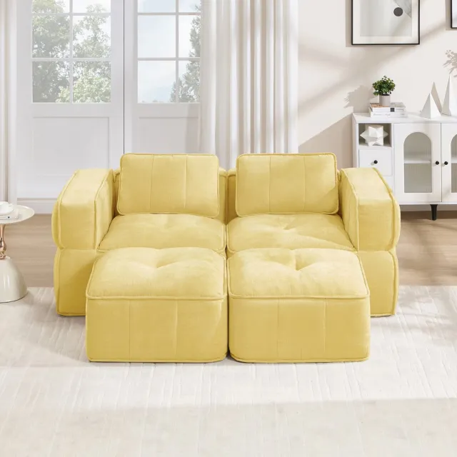 Pugsdrly Modulaire tweezitsbank met twee poefs, zonder steunbalken, 32D-schuim met hoge dichtheid, diepe zitting, zachte en comfortabele stof, ideaal voor de woonkamer en appartementen, geel.