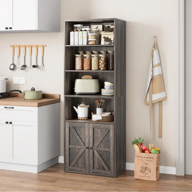 Danky Hoge Boekenkast met Deurtjes - 6 Niveaus - Industrieel Boekenrek met Landelijke Kastdeuren - Rustiek eikenkleur- Opbergkast voor Woonkamer, Keuken en Kantoor - 181 x 60 x 30 cm