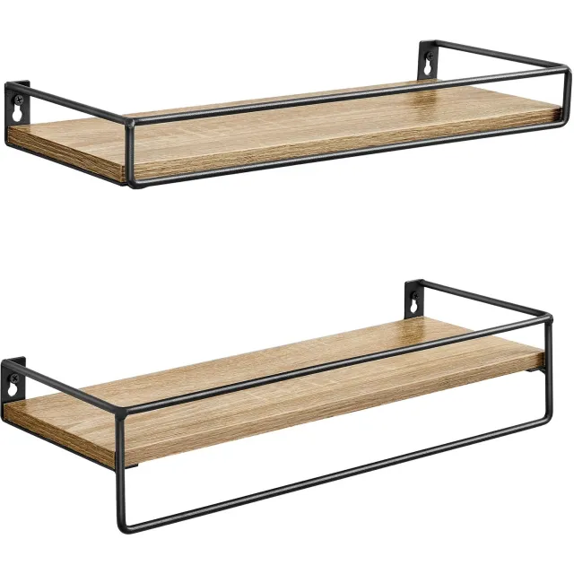 LEOBERT LWS441B11 Wandplanken - Set van 2 - Sonoma/Zwart - Met Stang - 40 cm Sonoma eikenlook