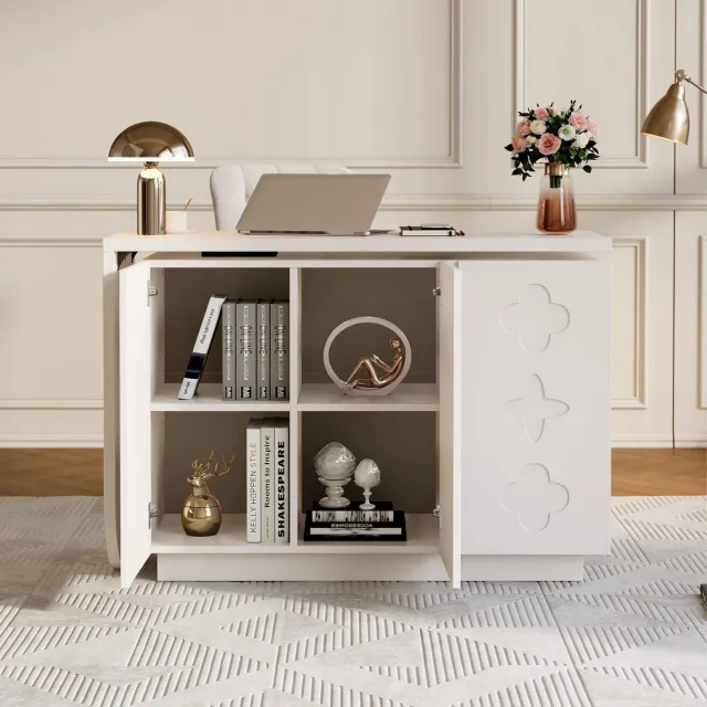 Wishdor Bureau - Draaibaar L-vormig hoekbureau - Met opbergkast en soft-close deuren - Modern ontwerp - Kantoor studeerkamer kaptafel - MDF - Wit - 170 x 40 x 75 cm