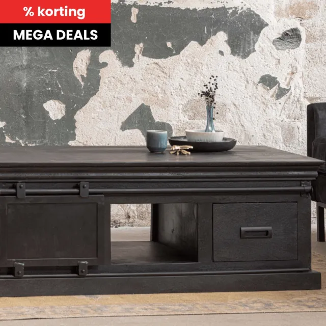 Mahom Mangohouten Salontafel Portland Black 120 cm 4 lades Mahom Industrieel - Kleine tafel van Mangohout & Metaal - Industriële Huiskamertafel Bruin
