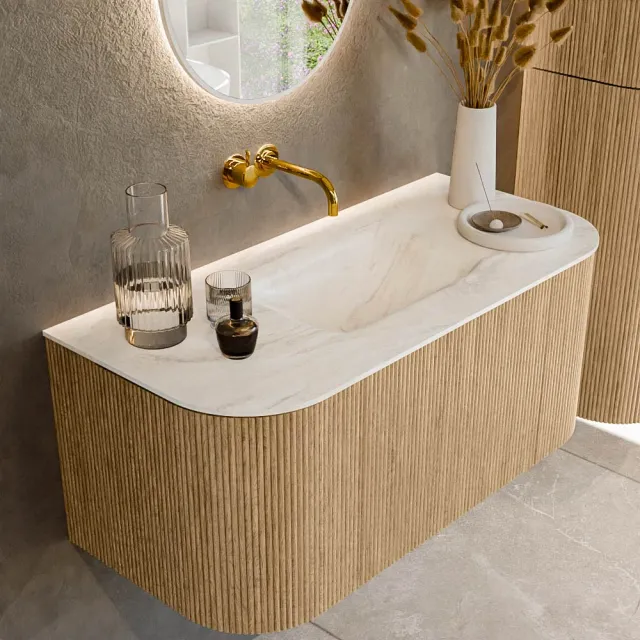 Mondiaz KURVE-DLUX 100 cm Onderkast Greeploos 1 Lade Met Deuren Oak, Wastafel Solid Surface MIdden Ostra 0 Kraangaten Zonder Spiegel (KRVGRU100L+R1L2D0KM-Oak/Ost)