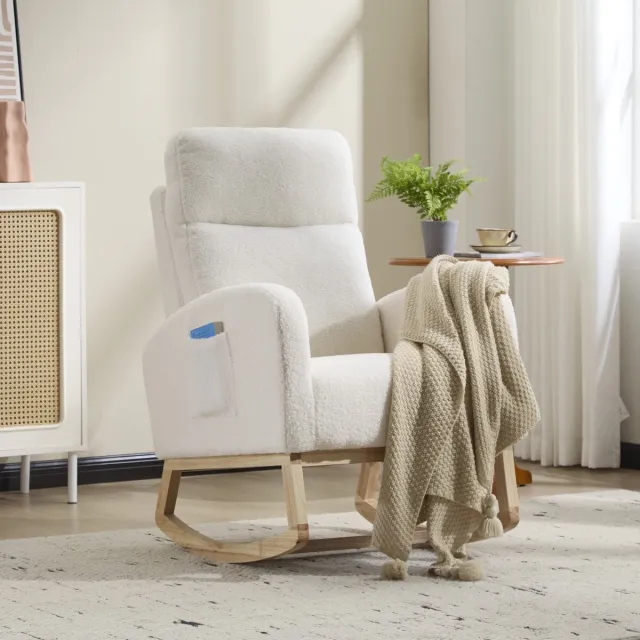 Vankel Fauteuil Schommelstoel, Moderne Relaxstoel met Teddy Stof, 3 Verstelbare Standen, Hoge Rugleuning en Zijvak voor Woonkamer, Slaapkamer en Kantoor wit