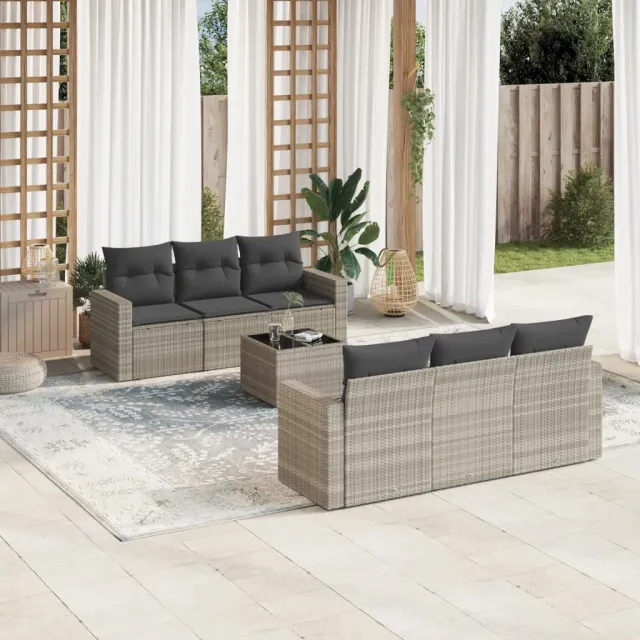vidaXL 7-delige Loungeset met kussens poly rattan lichtgrijs grijs, foto 2