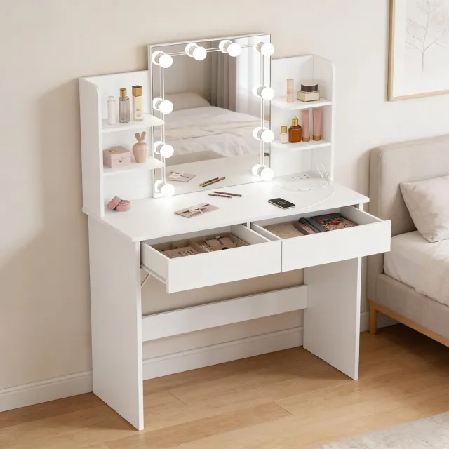 STILVORA Kaptafel - Met Spiegel, Verlichting En Stopcontacten - Voor Make-up En Werken - Hout - 90x40x135 Cm - Wit Zwart