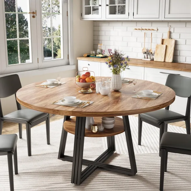 Triumpunpre Eettafel Rond met Opbergrek - 120x120x75cm - Keukentafel met metalen onderstel - Ruimtebesparend - Vintage Stijl - Voor Eetkamer, Keuken, Woonkamer, Appartement - Bruin