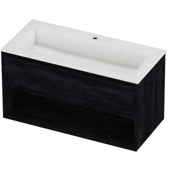 Proline Aristo Badmeubelset Polystone Elegant 1 Gat Schap 100x46x54 cm Glans Wit Black Oak Eiken