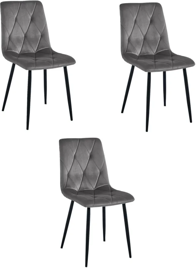 LEOBERT sp. z o.o. sp.k. Set van 3 Eetkamerstoelen LIBRA Donkergrijs – Zwarte Metalen Poten, Modern Velvet Bekleding, Ergonomisch Design, Max. 120 kg