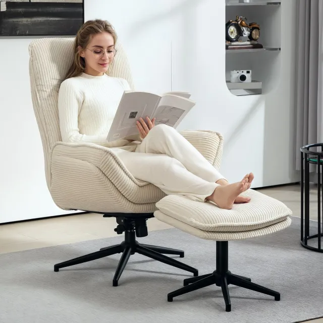 Wishdor Relaxfauteuil met hocker - 360° draaibaar - handmatig verstelbare rugleuning - Scandinavisch - woonkamer - ribstof - beige - 85 cm