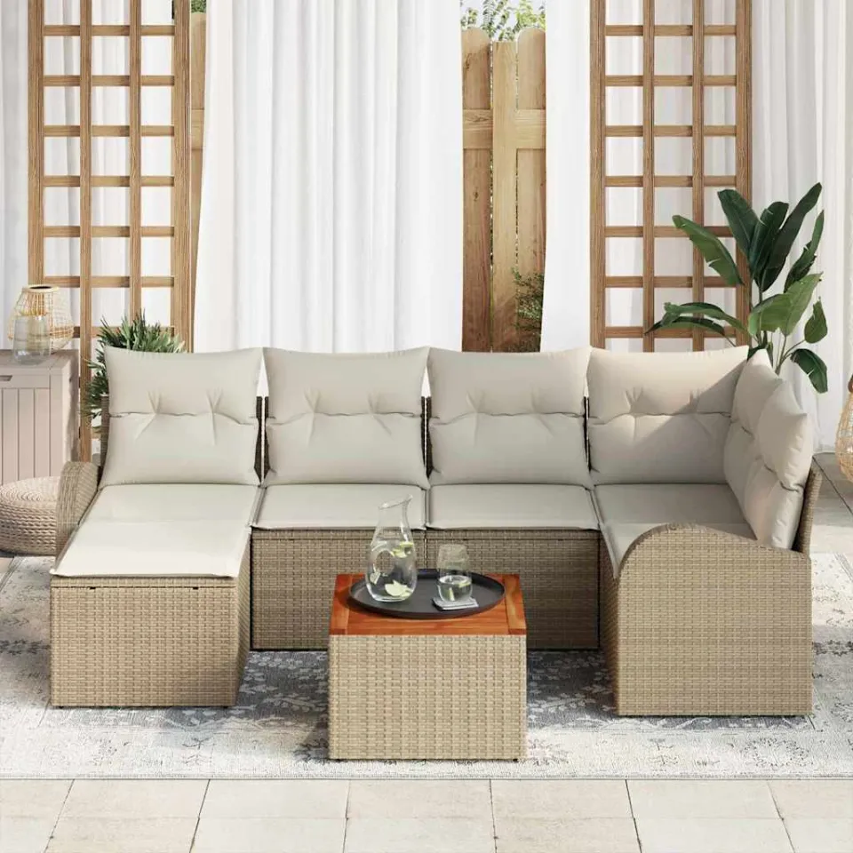 vidaXL Tuinbankenset 7 st Beige en Crème poly rattan, foto 2
