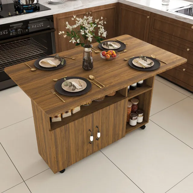 HAUSS SPOLE Opklapbare Eettafel - Verrijdbaar met 5 Wielen en Opbergruimte - voor Keuken en Werkplek - MDF - Lichte Walnootkleur - 110x70x80 cm Licht walnoot