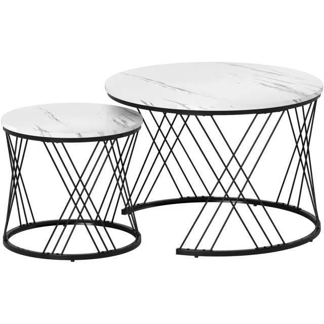 Homona Salontafel set van 2 - Rond - Met marmerlook - Inklapbaar - Ø70 x 46,5 cm en Ø44,5 x 39 cm - Wit