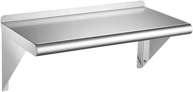 Vevor Wandplank 305 X 610 mm, Roestvrijstalen Keukenplank 430, Zwevende Plank voor Professionele Keukens, Privékeukens, Bars en Garages, Versterkte Driehoekige Beugels, Glad en Afwasbaar, Montagemateriaal Inbegrepen Zilver