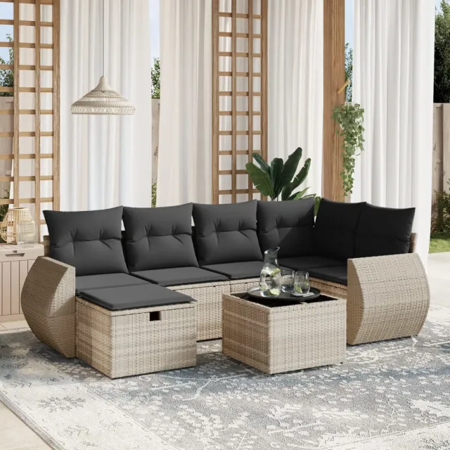 vidaXL 7-delige Loungeset met kussens poly rattan lichtgrijs grijs, foto 2