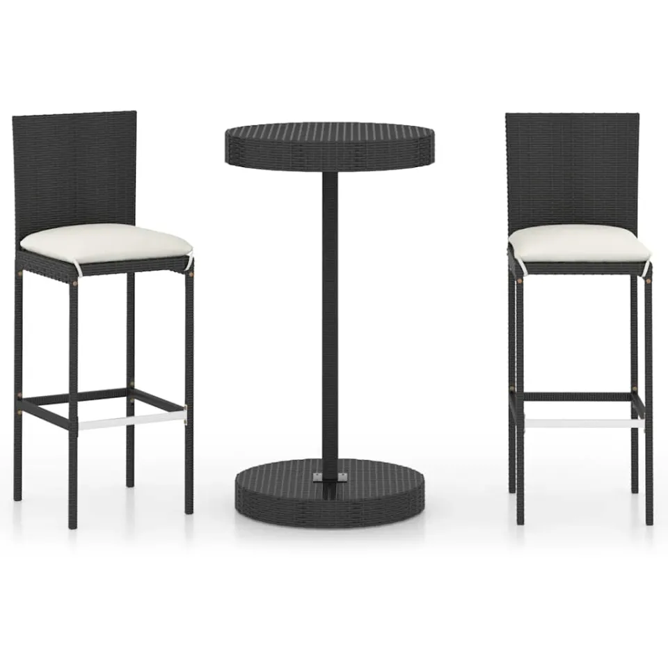 vidaXL 3-delige Tuinbarset met kussens poly rattan zwart