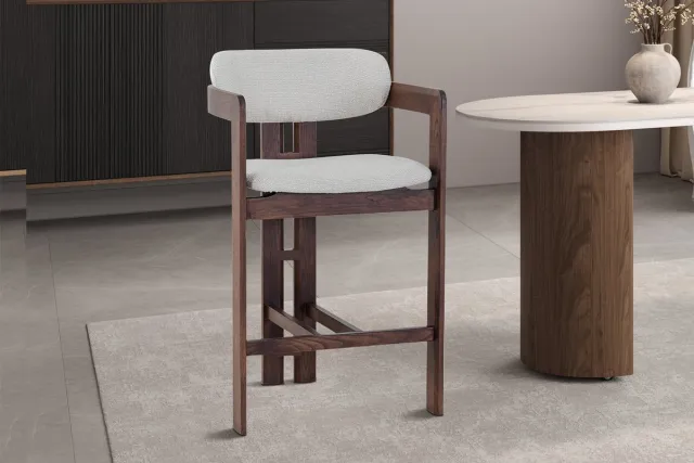 Rousseau Barstoel Camille Walnoot – Keukeneiland 66 cm – Massief Essenhout – Beige Stof