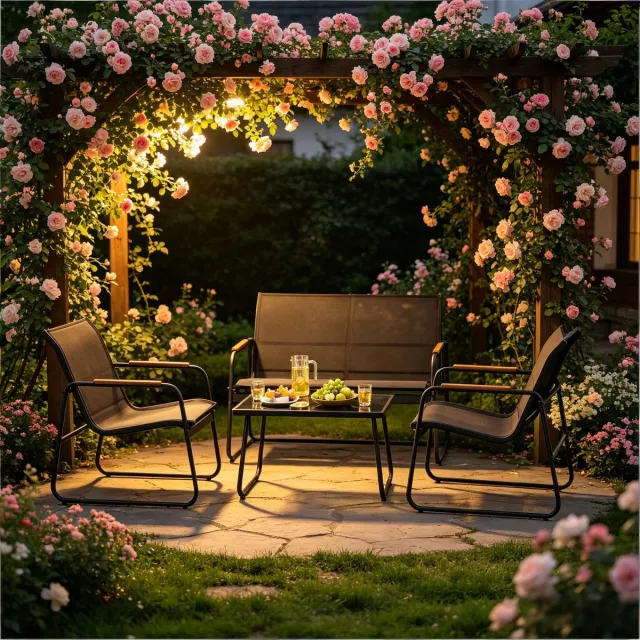 HAUSS SPOLE Loungeset - 4-Delige Stoel-Bank Set - Weerbestendig Met Gehard Glazen Tafelblad - Voor Tuin, Balkon En Terras - Metaal Glas En Polyester Zwart