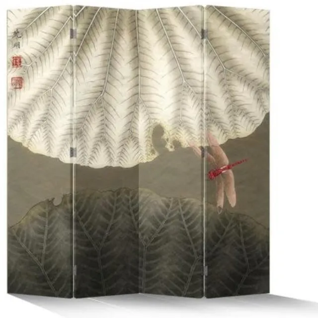 Fine Asianliving Chinees Kamerscherm Oosters Scheidingswand B160xH180cm 4 Panelen Vintage Rode Libelle Grijs
