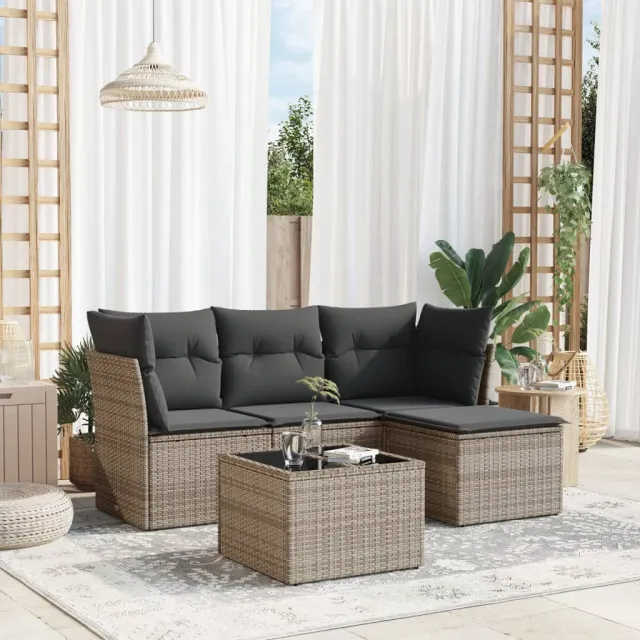 vidaXL 5-delige Loungeset met kussens poly rattan grijs, foto 2