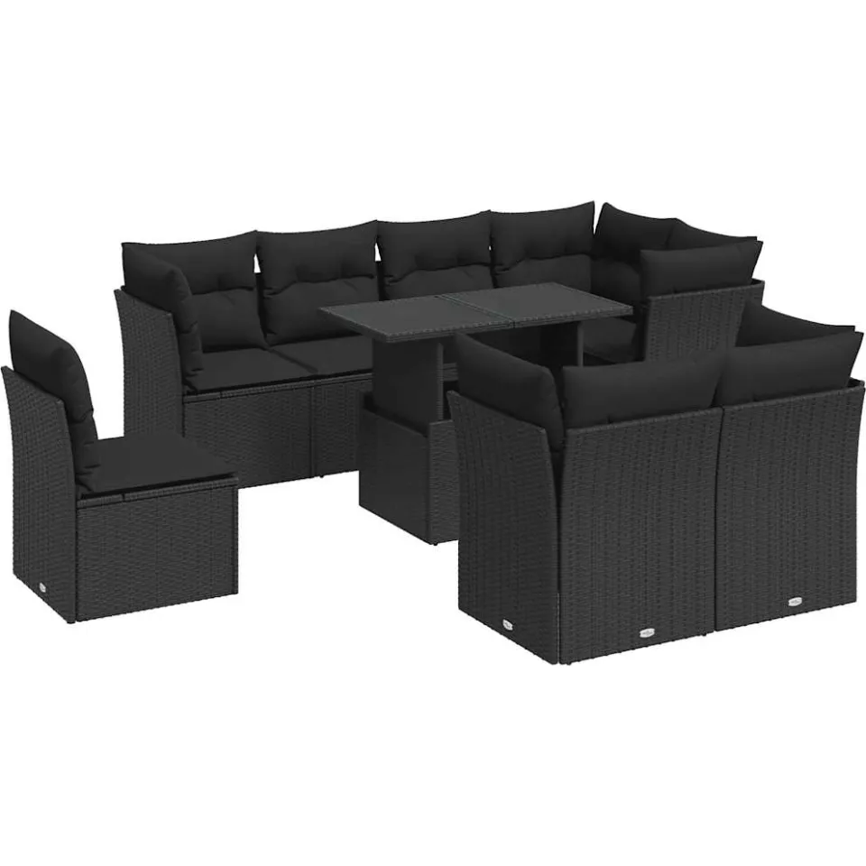 vidaXL 9-delige Loungeset met kussens poly rattan zwart, foto 3