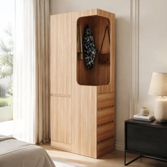 WUVRIE Kledingkast 70x40x170 cm - 1 deur, 4 lades en open hanggedeelte - Naturel Natuurlijk hout
