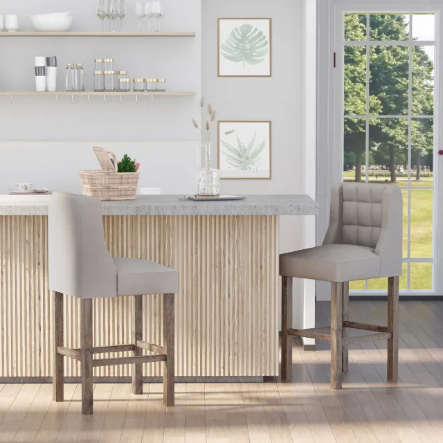 Wishdor Barkrukken Met Rugleuning - Knopenstiksel, Royale Vulling En Voetsteun - Modern Stijlvol Ontwerp Voor Keukenbar Of Thuisbar - Polyester In Linnenlook - Beige Met Houtlook - 47 X 50 X 101 Cm