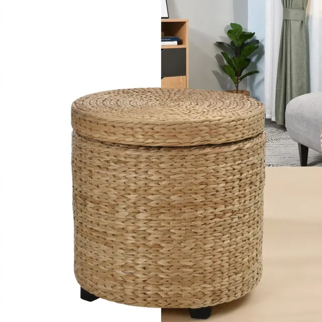 GranMaison Poef Met Opbergruimte - Poef Opbergbox - Stro Rotan - Kaki