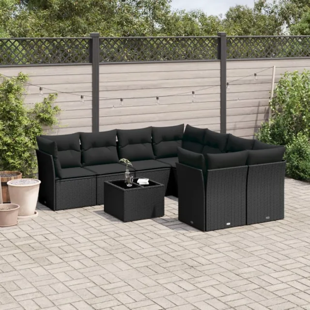 vidaXL 9-delige Loungeset met kussens poly rattan zwart, foto 2