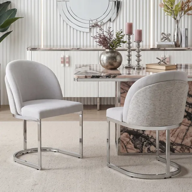 REDOM Eetkamerstoel set van 2 - Dubbele rugleuning - Chenille bekleding - Metalen sledeframe - Moderne stijl - Grijs en zilver - 52 x 59 x 85 cm Lichtgrijs