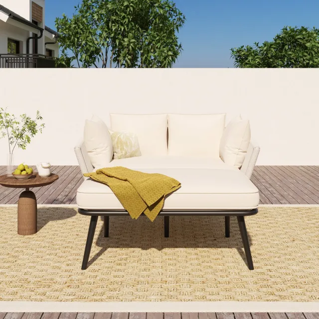 DESMIU Loungeset 130 x 100 cm - Chaise Longue Met 2 Kussens En 2 Zitkussens - Voor Tuin, Balkon En Terras - Polyester Beige