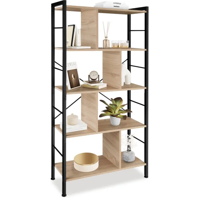 Tectake Wandkast – Boekenkast met 4 Niveaus – Industriële Houten Boekenkast met Zwart Metaal Frame – 155 x 74 x 30 cm – Open Opbergmeubel voor Woonkamer, Slaapkamer & Kantoor - lichtbruin