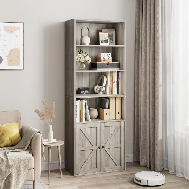 HOERFURIY Set van 2 boekenkasten 4 planken spaanplaat met X-deur, modern grijs