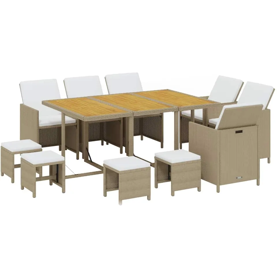 vidaXL 11-delige Tuinset met kussens poly rattan beige
