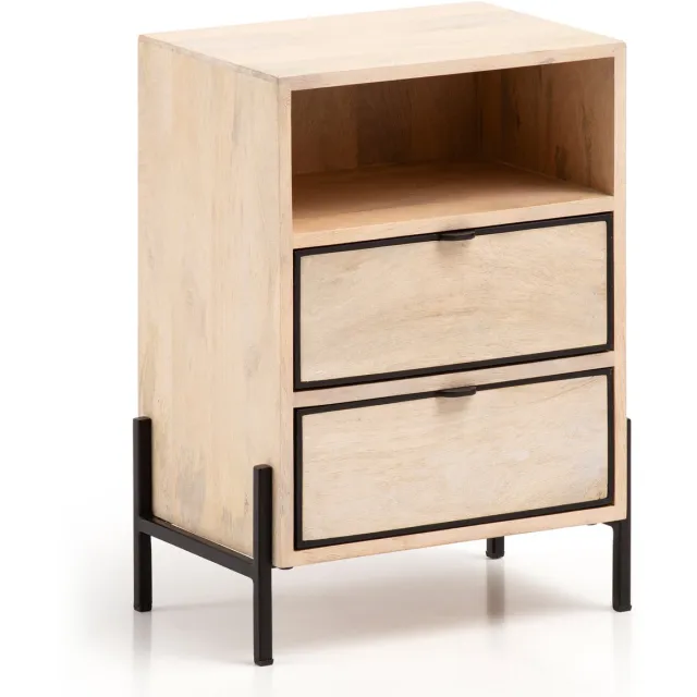 Ervesto Nachtkastje WL6.787 - Nachtkastje En Bijzetkast - Mango Massief Hout En Metaal - 43x60x30 Cm - 2 Lades En Open Vak - Handgemaakt Industrieel Design Zie omschrijving