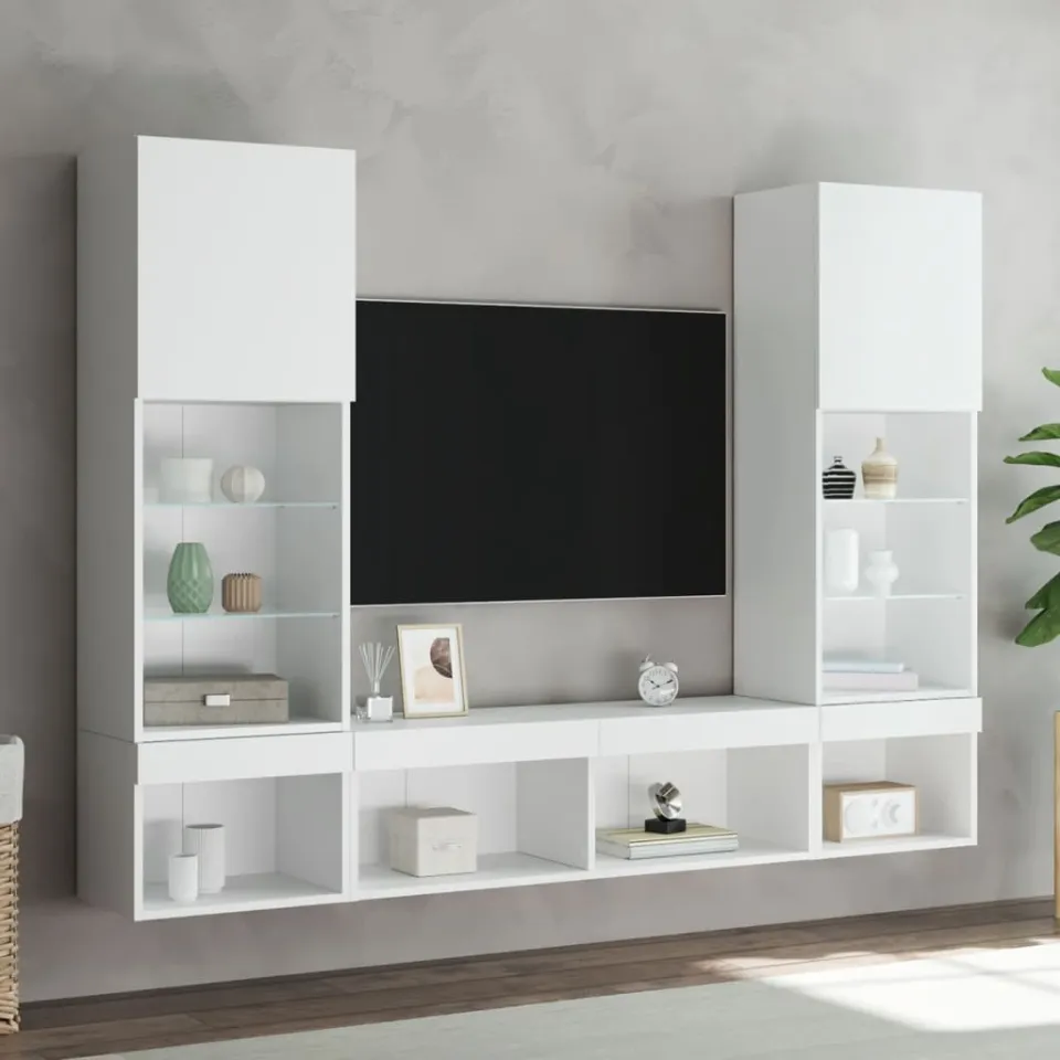 vidaXL 5-delige Tv-wandmeubelset met LED-verlichting bewerkt hout wit, foto 3