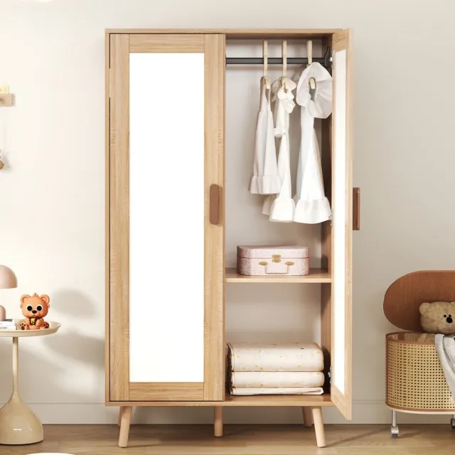 OKWISH Kledingkast - 2 Deuren Met Kleerhangerstang - Kinderkamer En Slaapkamer - Natural White - MDF - 80 X 46 X 141,5 Cm