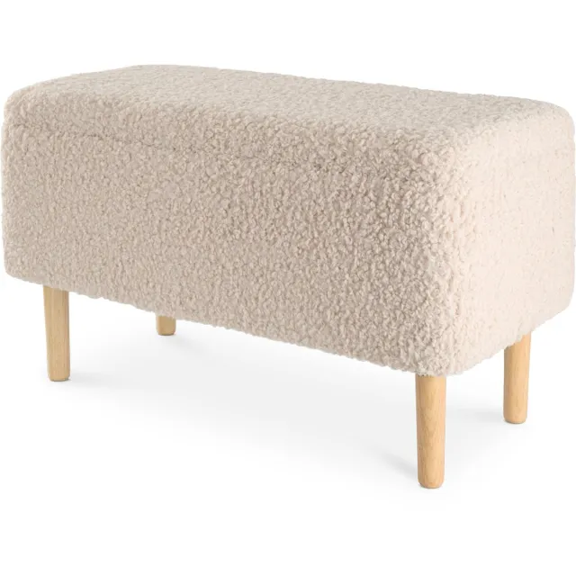 Lisomme Sem Teddy Bankje Grijs - Met Opbergruimte - Houten Poten - Halbankje - Bankje bij Eettafel - B75 x D36 x H46 cm Gebroken wit