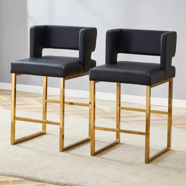 DantefHandels Barkrukken Set van 2, Scandinavische Stijl, Vierkant Design, Zwarte Zitting, Goudkleurige Metalen Poten, Scandinavisch design, geschikt voor keuken, kookeiland, bartafel en café zwart+goud