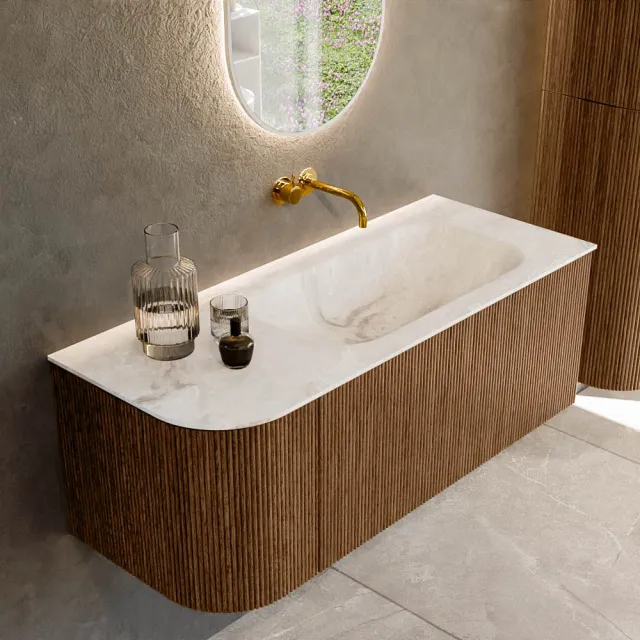 Mondiaz KURVE-DLUX 115 cm Onderkast Greeploos 1 Lade Met Deuren Walnut, Wastafel Solid Surface Rechts Frappe 0 Kraangaten Zonder Spiegel (KRVBGS115L1L1D0KR-Wal/Fra)