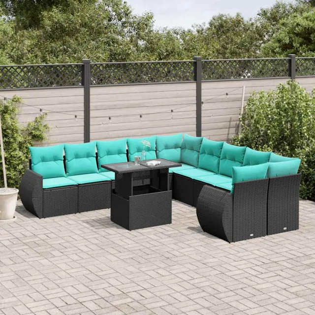 vidaXL 11-delige tuinbankset met kussens, zwart polyrotan, foto 2