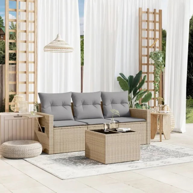 vidaXL 4-delige Loungeset met kussens poly rattan beige, foto 2