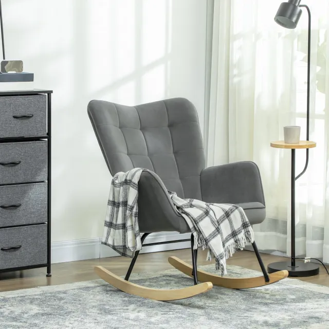 MEUNIQ Schommelstoel met armleuningen en hoge rugleuning 98 x 71 x 101 cm, velvet look fauteuil met houten onderstel en metalen frame voor woonkamer of slaapkamer Dark Gray