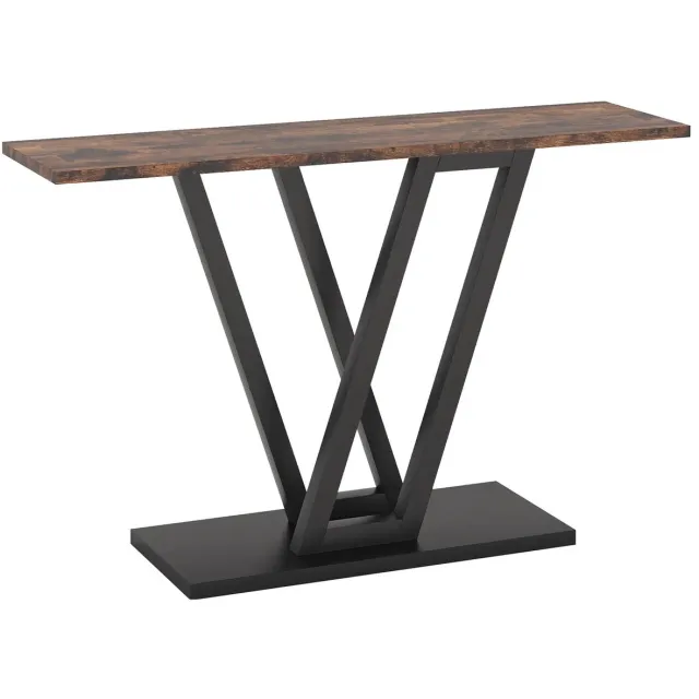 OKWISH Consoletafel - Smal Ontwerp Met V Vormige Metalen Poten - Voor Hal En Woonkamer - Hout En Metaal - 110x30x80 cm Zwart, Rustiek Bruin