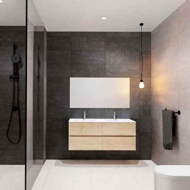 Boss & Wessing Badkamermeubel Solid Surface BWS Stockholm 120x46 cm Dubbel Wood Washed Oak 4 Laden (2 kraangaten) Houtlook